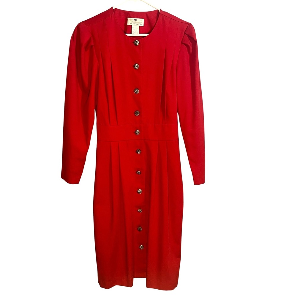 Worthington Essentials VTG Red Pencil Dress Petite Button Front Puff Shoulder 8P